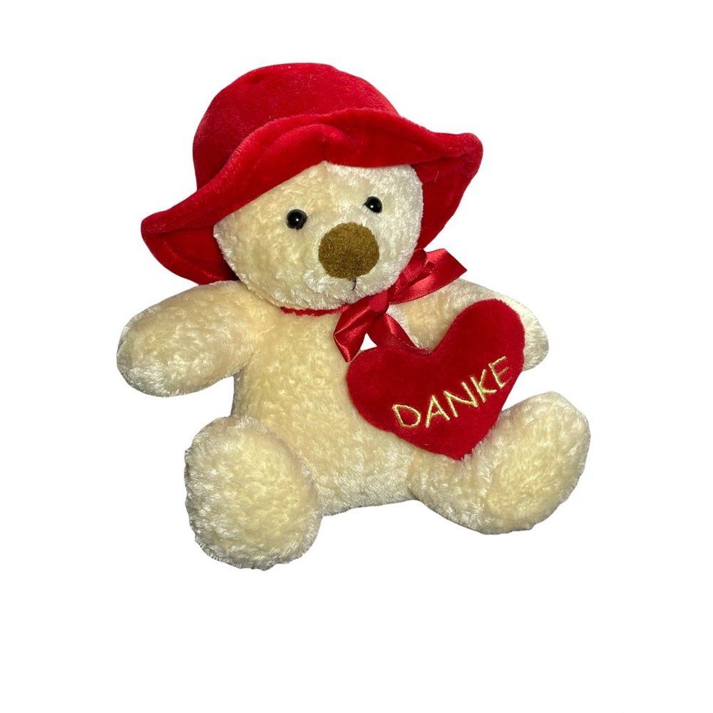 Quelle Danke Plush Bear Cream Red Hat Heart 9 inch Stuffed Animal German Rare